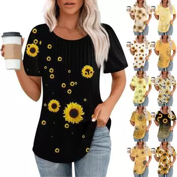 Женская летняя модная повседневная плиссированная футболка с коротким рукавом и круглым вырезом с принтом Топ L чёрный