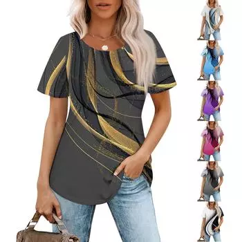 Женская летняя модная повседневная плиссированная футболка с коротким рукавом и круглым вырезом с принтом Топ XXXL золотой