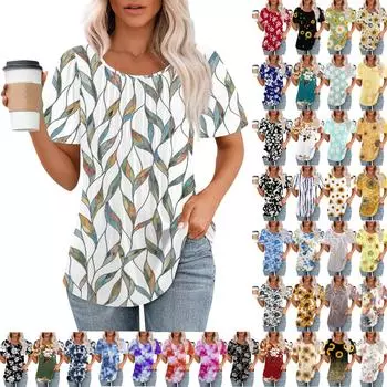 Женская летняя модная повседневная плиссированная футболка с коротким рукавом и круглым вырезом с принтом Топ L