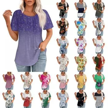 Женская летняя модная повседневная плиссированная футболка с коротким рукавом и круглым вырезом с принтом Топ XXXL
