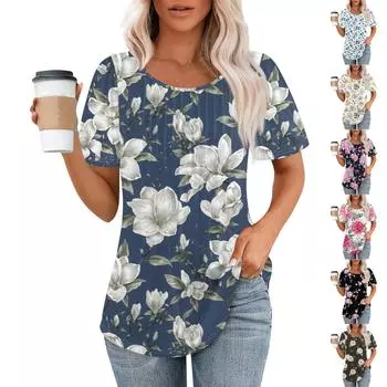 Женская летняя модная повседневная плиссированная футболка с коротким рукавом и круглым вырезом с принтом Топ L бежевый