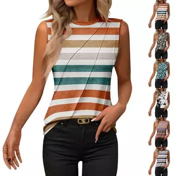 Женская летняя модная повседневная рубашка без рукавов с круглым вырезом и полосатым принтом L чёрный