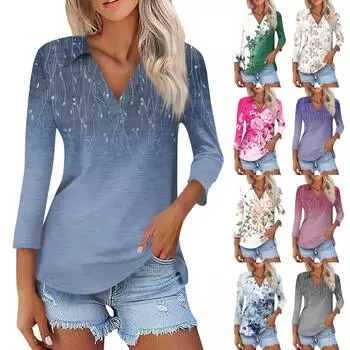 Женская летняя модная повседневная рубашка с v-образным вырезом и рукавами три четверти с принтом, топ L бежевый