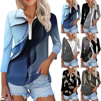 Женская летняя модная повседневная рубашка с v-образным вырезом и семиточечным рукавом с принтом, топ L чёрный