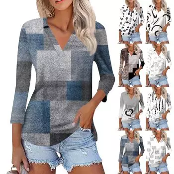 Женская летняя модная повседневная рубашка с v-образным вырезом и семью рукавами с принтом, топ XL серый
