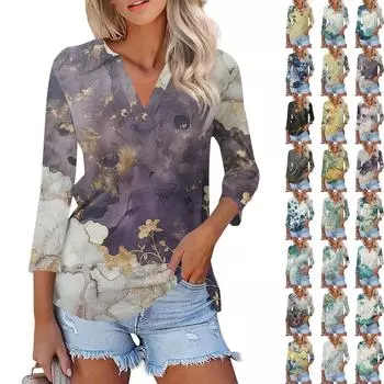 Женская летняя модная повседневная рубашка с v-образным вырезом и рукавами три четверти с принтом, топ L синий
