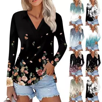 Женская летняя модная повседневная рубашка с v-образным вырезом и длинным рукавом с принтом, топ S чёрный