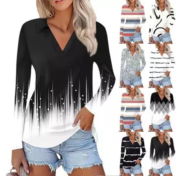 Женская летняя модная повседневная рубашка с v-образным вырезом и длинным рукавом с принтом, топ XXXL чёрный