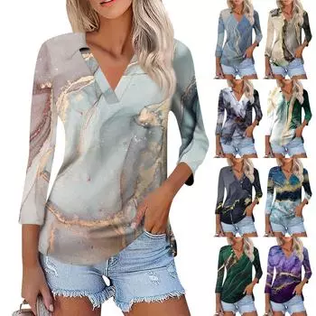 Женская летняя модная повседневная рубашка с v-образным вырезом и семью рукавами с принтом, топ L синий