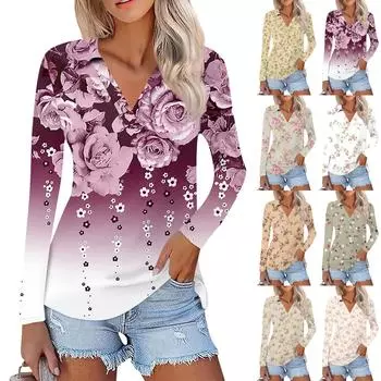 Женская летняя модная повседневная рубашка с v-образным вырезом и длинным рукавом с принтом, топ S розовый