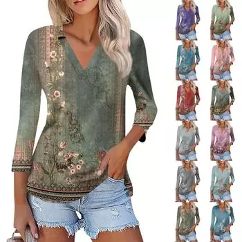 Женская летняя модная повседневная рубашка с v-образным вырезом и семью рукавами с принтом, топ L