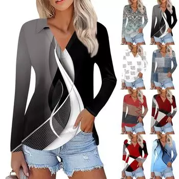 Женская летняя модная повседневная рубашка с v-образным вырезом и длинным рукавом с принтом, топ XXL винный