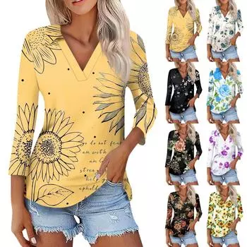 Женская летняя модная повседневная рубашка с v-образным вырезом и рукавами три четверти с принтом, топ S синий