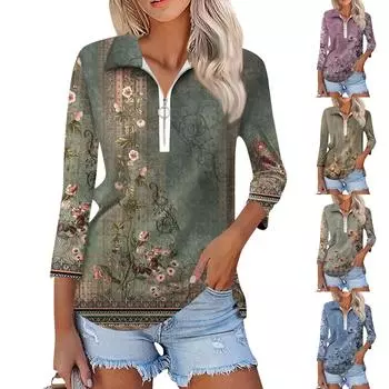 Женская летняя модная повседневная рубашка с v-образным вырезом и семиточечным рукавом с принтом, топ L