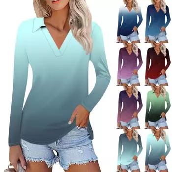 Женская летняя модная повседневная рубашка с v-образным вырезом и длинным рукавом с принтом, топ S синий