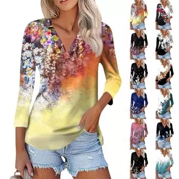 Женская летняя модная повседневная рубашка с v-образным вырезом и семью рукавами с принтом, топ S