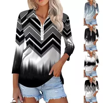 Женская летняя модная повседневная рубашка с v-образным вырезом и семиточечным рукавом с принтом, топ L чёрный