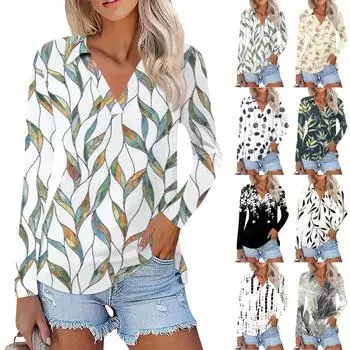 Женская летняя модная повседневная рубашка с v-образным вырезом и длинным рукавом с принтом, топ L белый