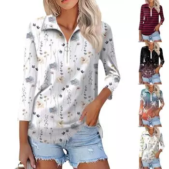 Женская летняя модная повседневная рубашка с v-образным вырезом и семиточечным рукавом с принтом, топ L винный