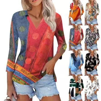 Женская летняя модная повседневная рубашка с v-образным вырезом и семью рукавами с принтом, топ XXL тёмно-синий