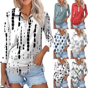 Женская летняя модная повседневная рубашка с v-образным вырезом и семиточечным рукавом с принтом, топ L синий