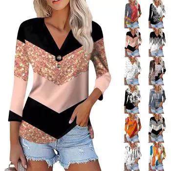 Женская летняя модная повседневная рубашка с v-образным вырезом и семью рукавами с принтом, топ-стойка L серебряный