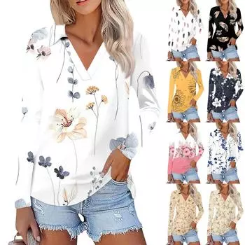 Женская летняя модная повседневная рубашка с v-образным вырезом и длинным рукавом с принтом, топ M белый