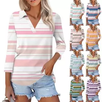 Женская летняя модная повседневная рубашка с v-образным вырезом и семью рукавами с принтом, топ XL циан