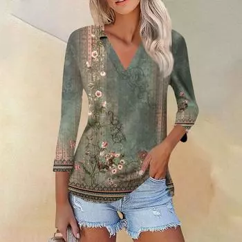 Женская летняя модная повседневная рубашка с v-образным вырезом и семью рукавами с принтом, топ S