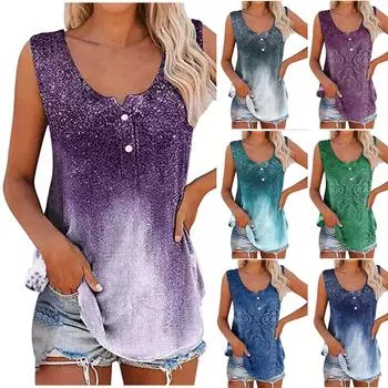 Женская летняя модная повседневная свободная футболка с круглым вырезом и пуговицами, топы с градиентным цветным принтом XXL синий