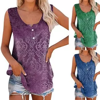 Женская летняя модная повседневная свободная футболка с круглым вырезом и пуговицами, топы на бретелях с принтом XXL зелёный