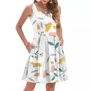 Женская летняя модная повседневная V-образная плиссированная сшивная маленькая цветочная печать без рукавов жилетное платье с карманами XXL