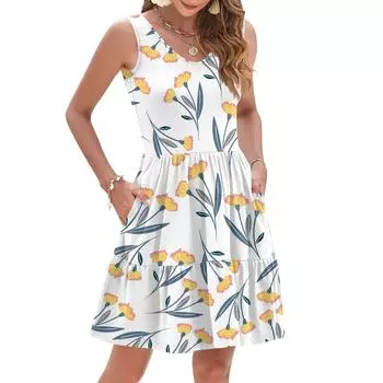 Женская летняя модная повседневная V-образная плиссированная сшивная маленькая цветочная печать без рукавов жилетное платье с карманами XL оранжевый