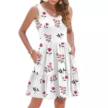 Женская летняя модная повседневная V-образная плиссированная сшивная маленькая цветочная печать без рукавов жилетное платье с карманами L бежевый