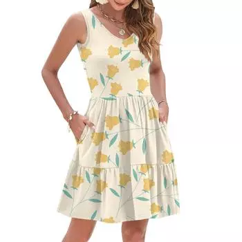 Женская летняя модная повседневная V-образная плиссированная сшивная маленькая цветочная печать без рукавов жилетное платье с карманами XXL бежевый