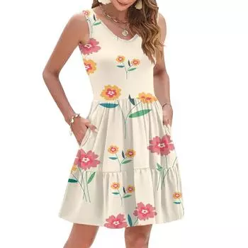 Женская летняя модная повседневная V-образная плиссированная сшивная маленькая цветочная печать без рукавов жилетное платье с карманами XXL бежевый