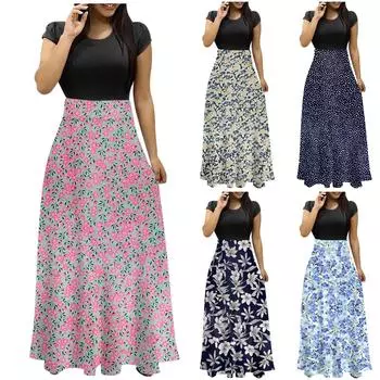 Женская летняя модная повседневная винтажная макси-юбка с круглым вырезом и коротким рукавом с принтом L бежевый