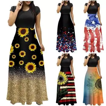 Женская летняя модная повседневная винтажная макси-юбка с круглым вырезом и коротким рукавом с принтом L золотой