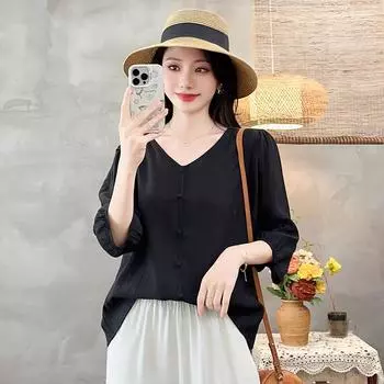 Женская летняя модная рубашка с V-образным вырезом, блузка со средним рукавом, кардиган, модная повседневная футболка XXXXXL чёрный