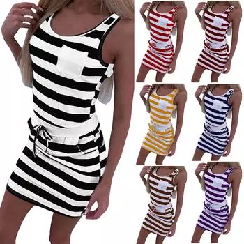 Женская летняя модная сексуальная карманная полосатая сумка с принтом, платье без рукавов на бедре XXXL чёрный
