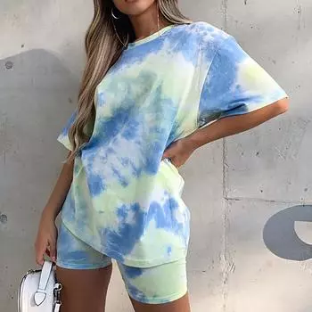 Женская летняя модная свободная повседневная футболка с градиентом тай-дай, узкие шорты L синий