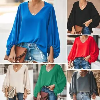 Женская летняя модная свободная удобная рубашка, футболки с рукавами епископа, повседневная свободная рубашка, рубашка с v-образным вырезом S чёрный