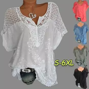 Женская летняя модная вязаная крючком рубашка, женские кружевные топы с коротким рукавом больших размеров, повседневные футболки