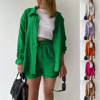 Женская летняя муслиновая блузка из двух предметов, рубашка и шорты, комплект из двух предметов, комплект пляжной одежды, женский комплект из двух предметов L зелёный