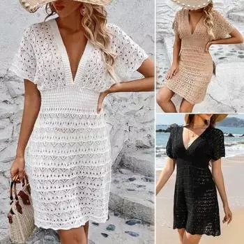 Женская летняя накидка на бикини с v-образным вырезом и коротким рукавом, пуловер с открытой спиной, сплошной цвет, открытая пляжная одежда, накидка S белый