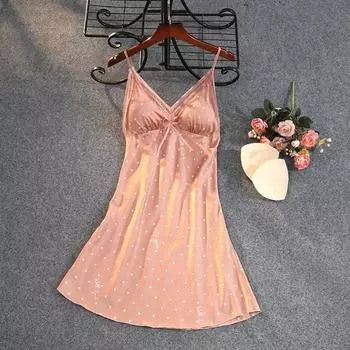Женская летняя ночная рубашка из ледяного шелка, сексуальная кружевная пижама в горошек с v-образным вырезом L розовый