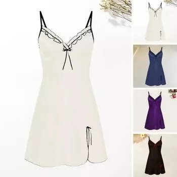 Женская летняя ночная рубашка, кружевная однотонная атласная гладкая мягкая ночная рубашка с v-образным вырезом на бретельках трапециевидной формы с бантом и открытой спиной S красный