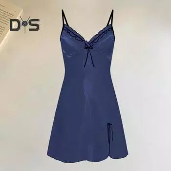 Женская летняя ночная рубашка, кружевная однотонная атласная гладкая мягкая ночная рубашка с v-образным вырезом на бретельках трапециевидной формы с бантом и открытой спиной S красный