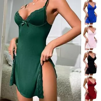 Женская летняя ночная рубашка на тонких бретельках с открытой спиной и глубоким V-образным вырезом без рукавов с кружевной отделкой M чёрный