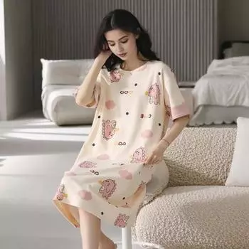 Женская летняя ночная рубашка с мультяшным принтом и круглым вырезом, свободный пуловер с короткими рукавами, до колена, домашняя одежда, платье, женская повседневная ночная рубашка, одежда для сна светло-розовый